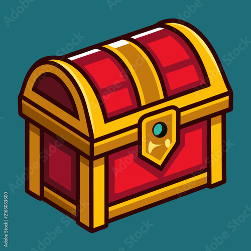 A vibrant red and gold treasure chest with a secure lock, ready for adventure