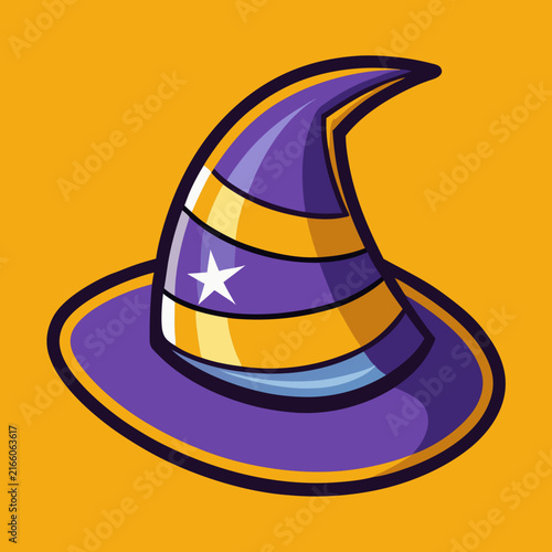 Colorful cartoon witch hat with stripes and a star, perfect for halloween celebrations