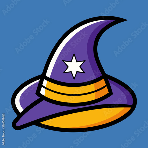 Enchanting purple wizard or witch hat illustration with a white star on blue background