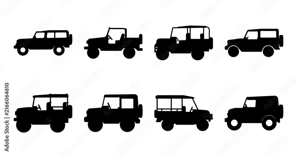 Fototapeta premium Black and white vehicle silhouette icons set - A clean set of black and white vehicle silhouette icons in various styles, perfect for web design, presentations, or infographics.