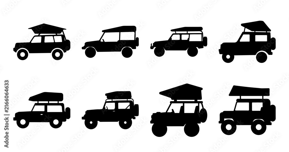 Fototapeta premium Six camping vehicles with roof tents - Black and white vector illustration of six different off-road vehicles equipped with roof-top tents, ideal for camping and adventure themes.