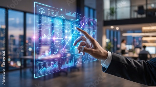 Businessman touching futuristic hologram data screen interface, analyzing global market trends and financial charts in modern office, digital transformation, augmented reality