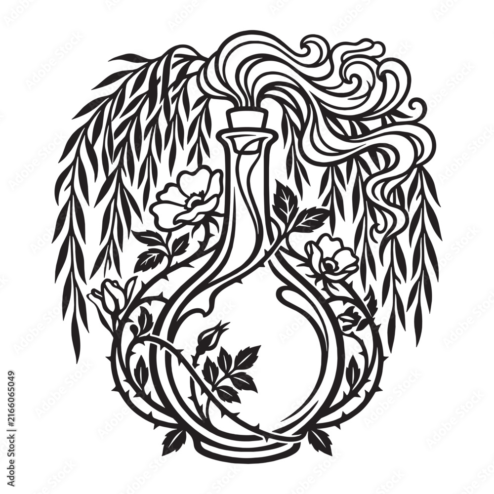 Fototapeta premium Art Nouveau Botanical Illustration with Ornamental Whiplash Lines and Floral Rose Vines Surrounding a Magic Potion Bottle