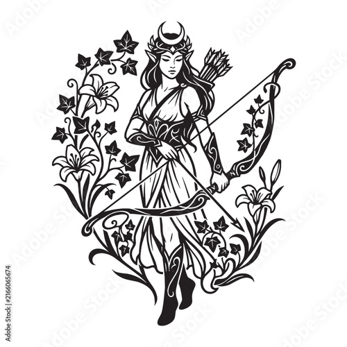 Art Nouveau Illustration of an Elven Archer Goddess with Botanical Floral Ornaments and Whiplash Curves, Decorative Mythological Huntress with Bow and Arrow