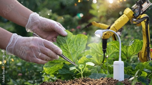 Smart farming with robotic arm and scientist hands tending to young plant, agricultural technology innovation, automated gardening, sustainable food production