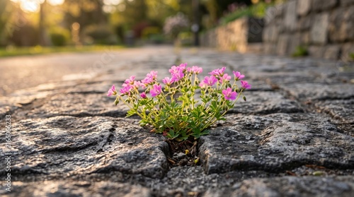 Small pink wildflowers growing resiliently through cracks in old cobblestone pavement street, symbolizing nature resilience and hope in urban environment with warm sunset lighting