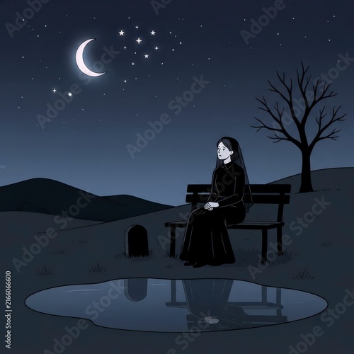 Woman in mourning sitting on a bench at night