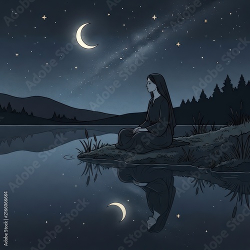Woman meditating by a lake under starry night sky