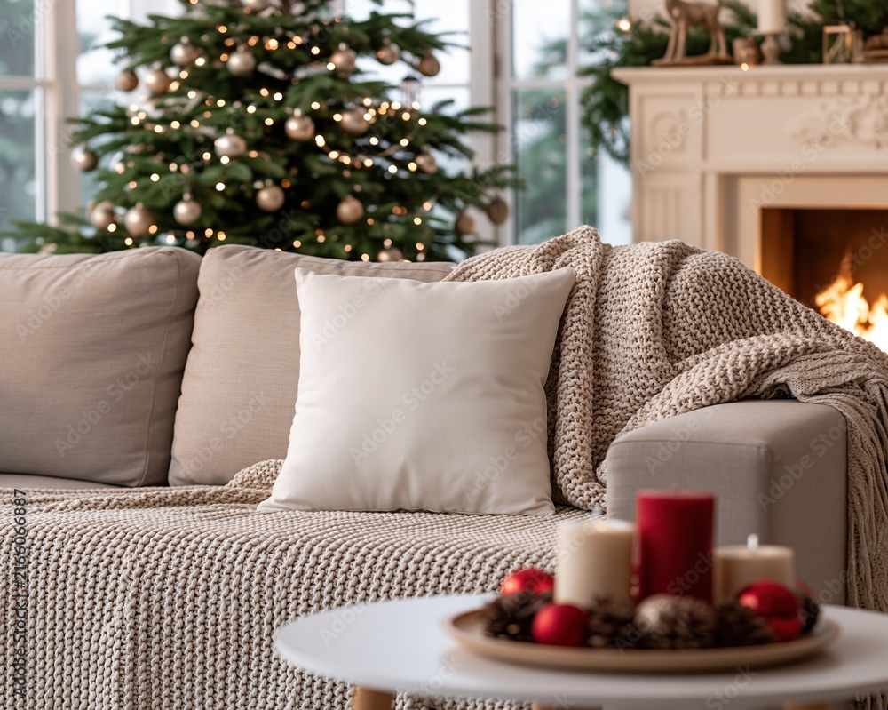 Naklejka premium Cozy Living Room with Christmas Tree, Fireplace, and Festive Decorations on Sofa