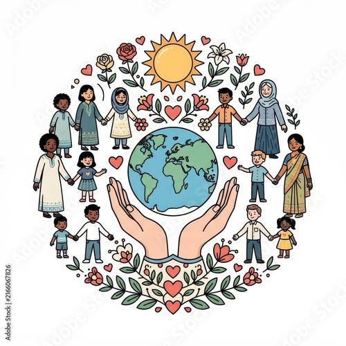Diverse people holding hands around the world illustration