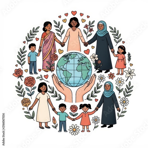 Diverse people holding hands around the world