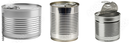 Foto Three silver tin cans with pull tabs, one partially open, isolated on white back