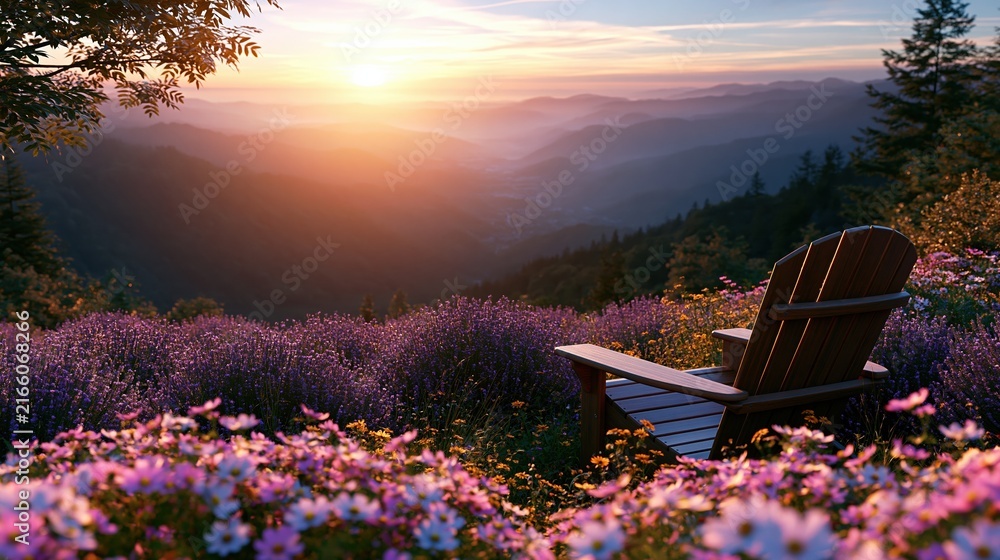 Obraz premium Tranquil Adirondack chair overlooking a breathtaking sunrise over rolling hills and vibrant floral landscape