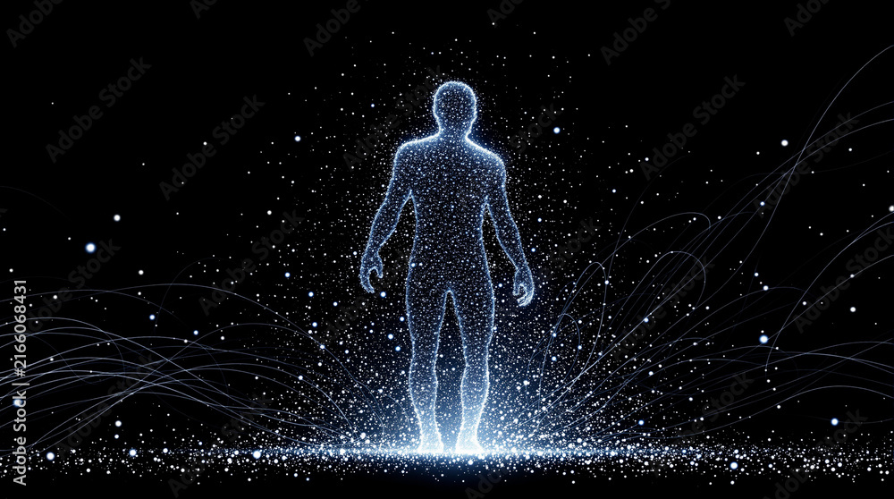 Fototapeta premium Abstract digital human figure formed by glowing particles and light
