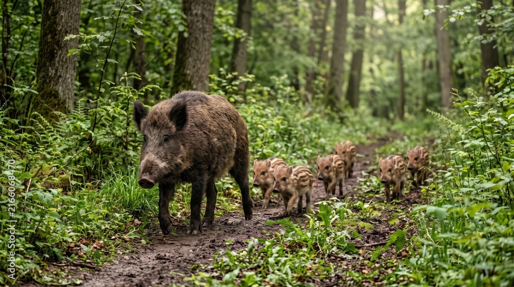 Fototapeta premium Mother wild boar with her cute small piglets walking on a path in a green summer forest