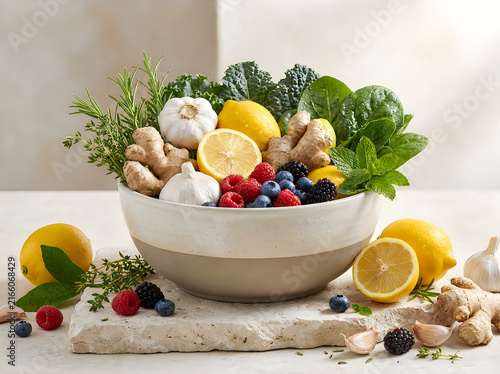 Abundant display of fresh roots herbs and fruits for natural health and wellness