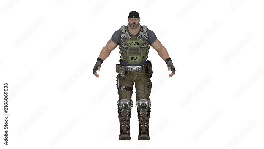 Fototapeta premium 3d rendering marcus hivebuster in combat gear stands ready