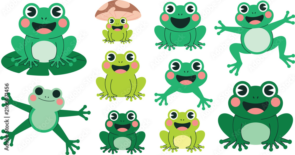 Naklejka premium Cute Cartoon Frog Vector Icon Set Featuring Friendly Green Amphibian Characters, Sitting Toad Figures, Mushroom Hats, and Jumping Lily Pad Elements for Children Nursery Designs