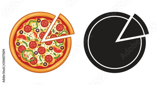 Foto Pepperoni pizza with a slice removed and its black silhouette illustration