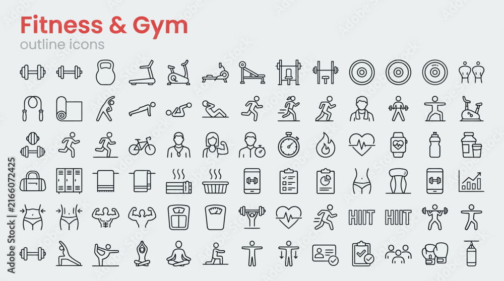 Obraz premium Fitness and Gym Icon Set with Workout Equipment, Exercise Poses, Bodybuilding Gear and Health Symbols in Line Art Vector