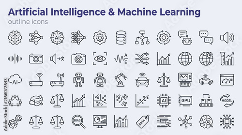 Artificial intelligence and machine learning outline icon set with neural network, big data, robotics, and cyber tech line symbols isolated on white background