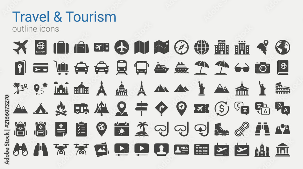 Obraz premium Grid of Minimalist Monochromatic Travel and Tourism Vector Icons for Navigation, Holiday, and Vacation UI Design