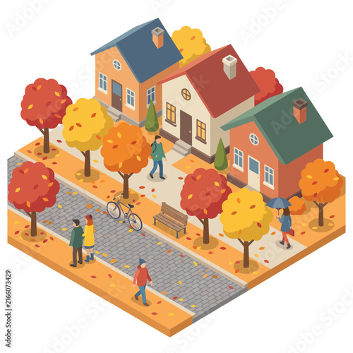 Isometric illustration of a cozy autumn neighborhood street.