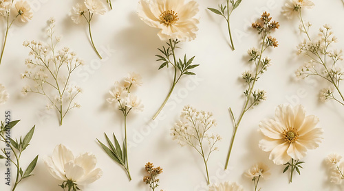 Romantic flat lay background featuring large soft beige blooming flowers and foliage on cream surface for premium beauty product presentation design