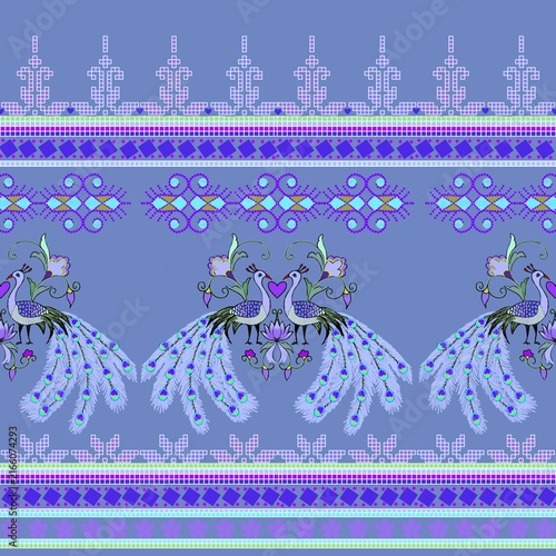 Elegant seamless border pattern with fusion style elements and applied art motifs featuring peacocks on a slate blue background.