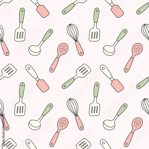 Cute Kitchen Utensils and Cooking Tools Seamless Pattern with Spatulas, Spoons and Whisk