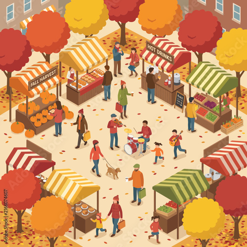 Isometric illustration of a lively autumn farmers market.