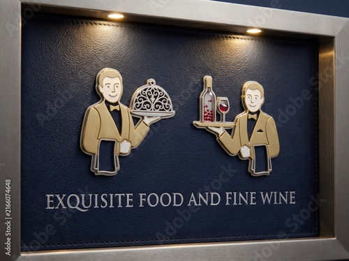 Elegant Restaurant Signage Featuring Waiter Illustrations with Food Platter and Wine Bottle on Blue Textured Background