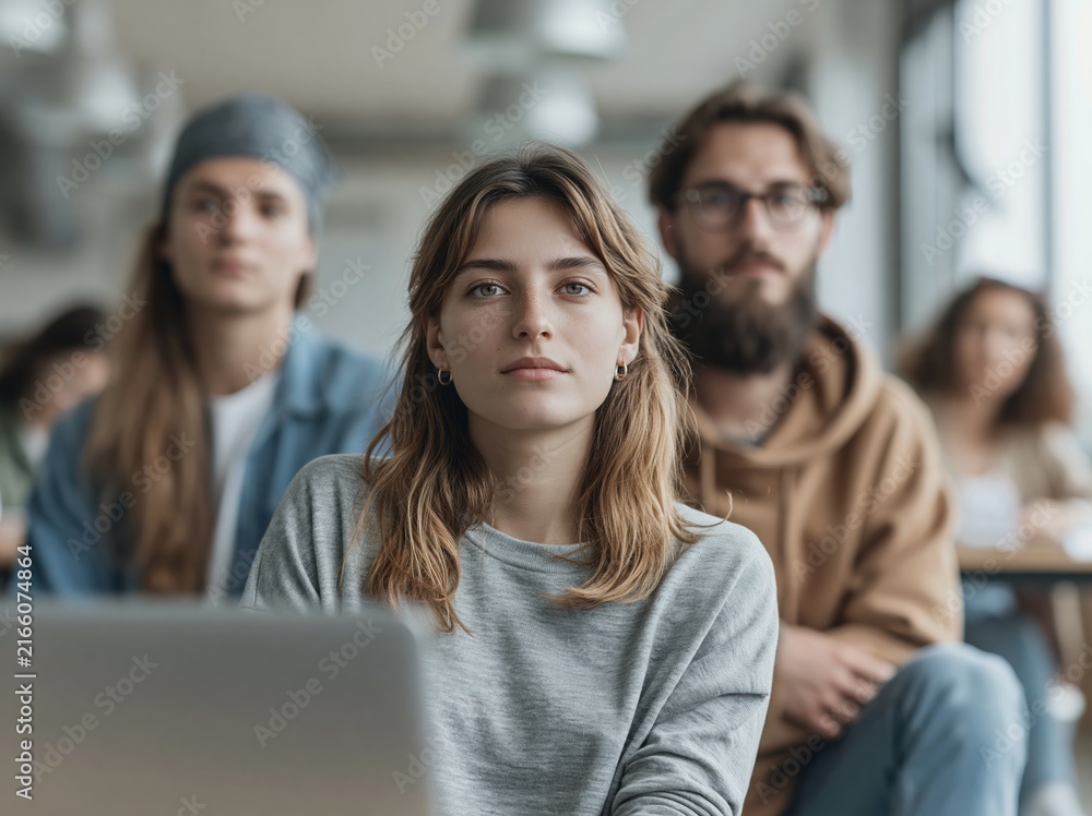 Fototapeta premium Diverse group of young adults in a modern classroom setting, focused and engaged in learning