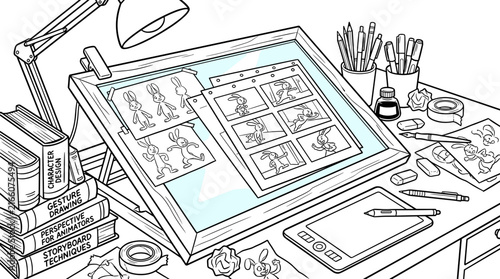 Animator's desk with storyboard, character sketches, books, and drawing tools, line art illustration