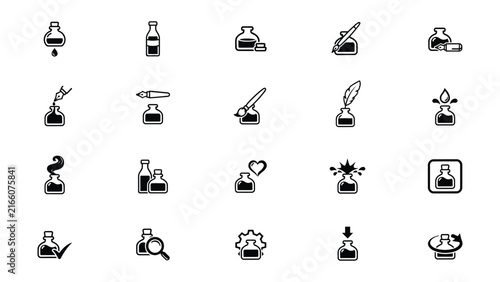 Photography Collection of various laboratory and writing ink bottle icons with tools