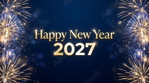 Happy new year 2027 greeting card design with golden text and glowing fireworks on blue background