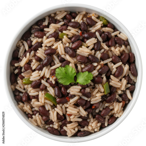 Top view of black beans and rice bowl isolated with transparent background