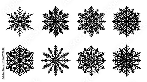 Black snowflakes set with intricate geometric designs featuring hexagonal symmetry, ornate patterns, and sharp edges with minimalist style and dark background