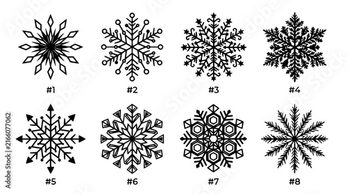 Black snowflakes set with intricate geometric designs featuring winter motifs, frosty patterns, and abstract shapes with clean lines and symmetrical layouts