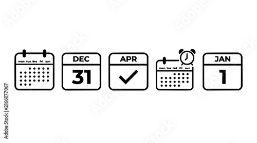 Calendar set with 2026 August icon arrangement featuring month grid, date numbers, and year display with minimal flat design and clean lines