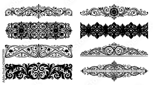 Decorative borders and swirls set with intricate floral and geometric patterns featuring ornate designs with elegant flourishes and symmetrical motifs