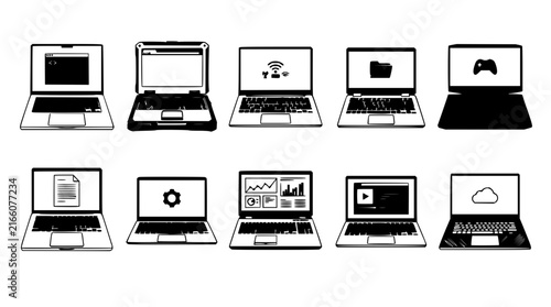 Laptop set with flat design devices featuring modern notebooks, open screens, and sleek keyboards with USB ports and touchpads and screen reflections