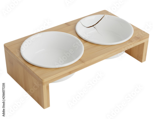 Double ceramic pet feeder in bamboo stand with transparent background