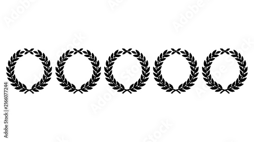 Laurel wreath set with five golden wreaths in a row featuring victory symbols, classical design, and ornate details with gold texture and shadows