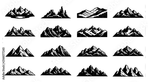 Mountain landscape set with minimalist vector illustrations featuring peaks, valleys, and snowcaps with clean lines and flat colors
