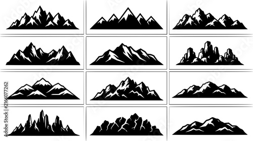 Mountain landscape set with minimalist vector illustrations featuring peaks, valleys, and horizons with clean lines and flat colors and abstract shapes