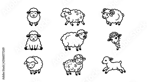 Sheep grid set with flat design icons featuring wool, farm animals, and livestock with minimalist style and vector art