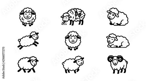 Sheep set with flat design icons featuring wool, pasture, and farm animals with minimalist style and vector graphics