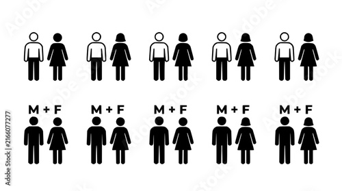 Standing figures set with minimalist line art featuring diverse people with neutral expressions and simple backgrounds with flat colors and geometric shapes