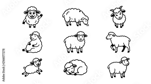 Sheep set with flat design vector illustrations featuring wool, farm animals, and pastoral scenes with grazing, flocks, and meadows